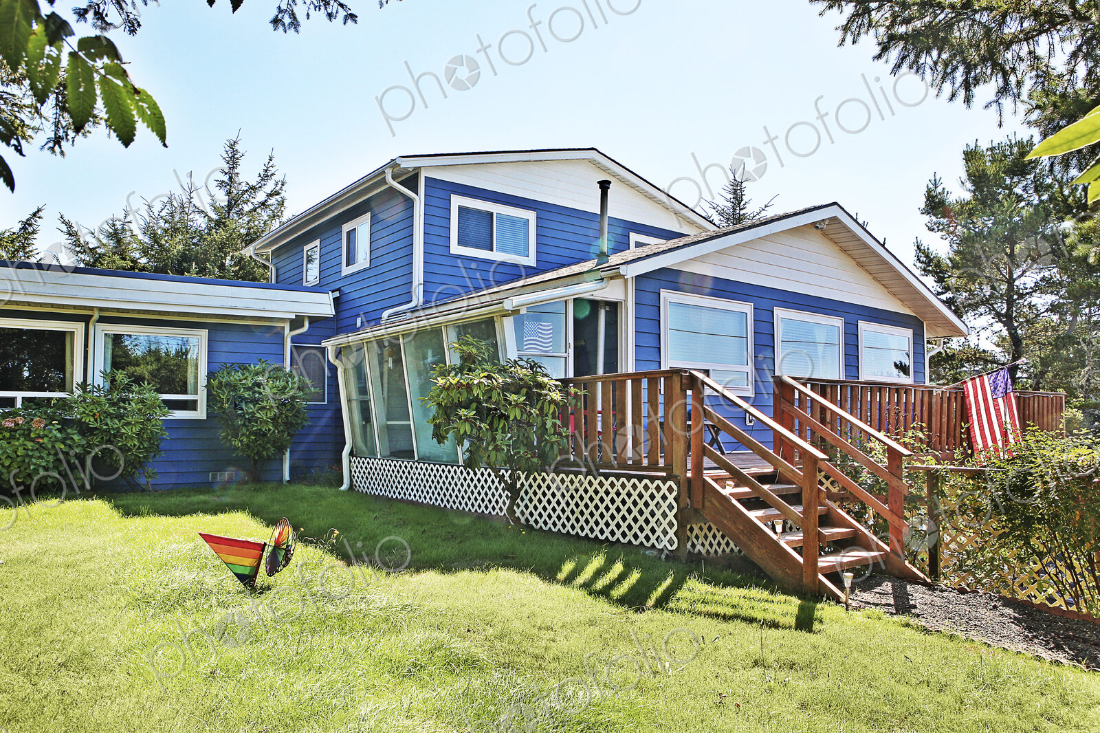 Deck and backyard of modern house
