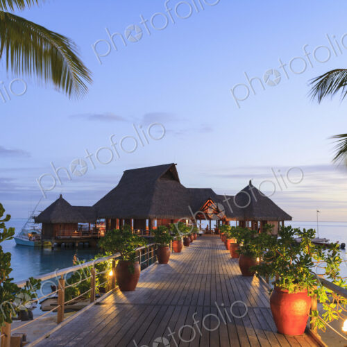Deck and restaurant over tropical ocean, Bora Bora, French Polynesia Deck and restaurant over tropical ocean, Bora Bora, French Polynesia