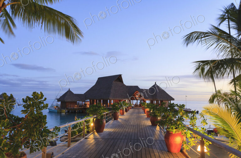 Deck and restaurant over tropical ocean, Bora Bora, French Polynesia