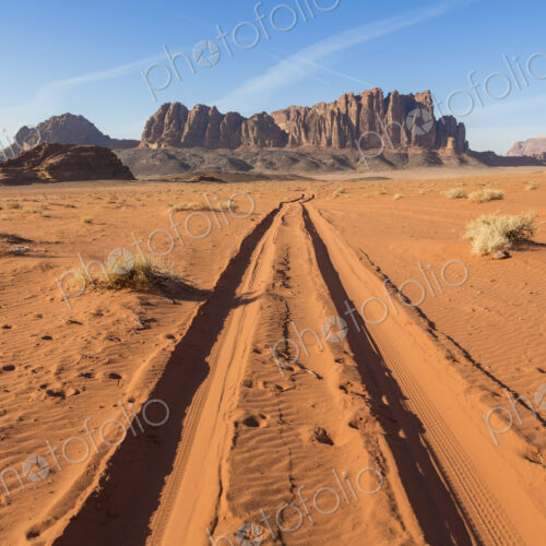 Desert landscape with tire tracks leading to distant mountain. Desert landscape with tire tracks leading to distant mountain.
