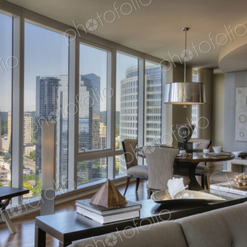 Dining room with view in luxury highrise apartment
