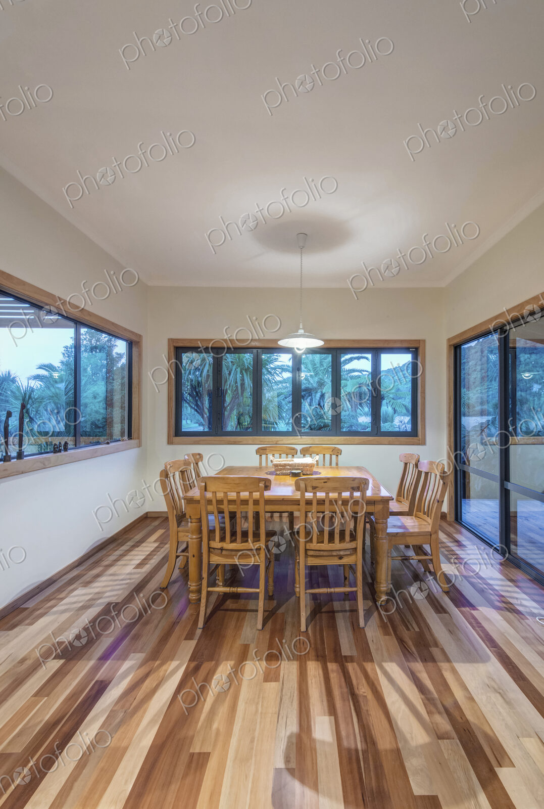 Dining table and chairs in hotel dining room