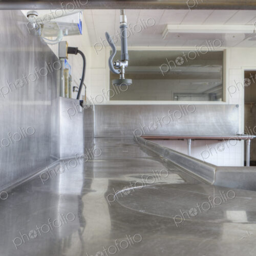 Dishwashing Station with stainless steel surfaces in large catering kitchen Dishwashing Station with stainless steel surfaces in large catering kitchen
