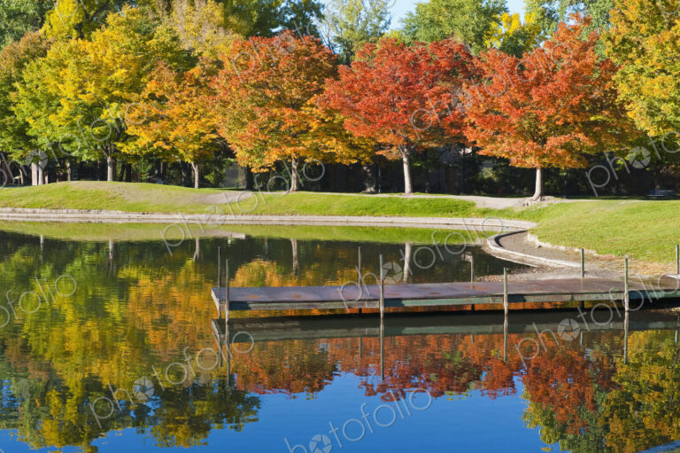 Dock on calm lake in autumn