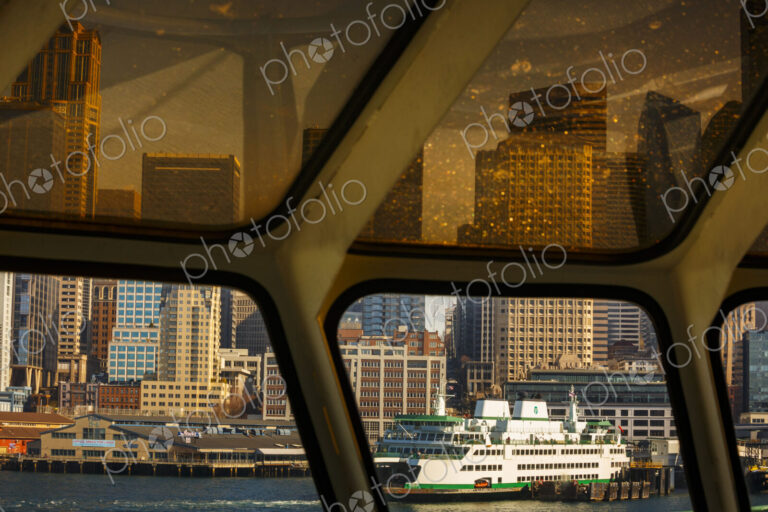 Downtown Seattle views from a Puget Sound ferry window, Seattle, WA USA