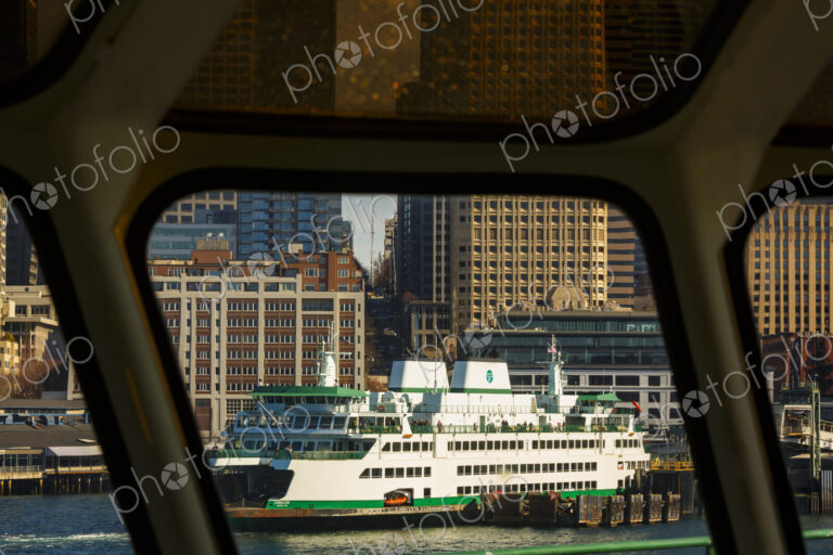Downtown Seattle views from a Puget Sound ferry window, Seattle, WA USA