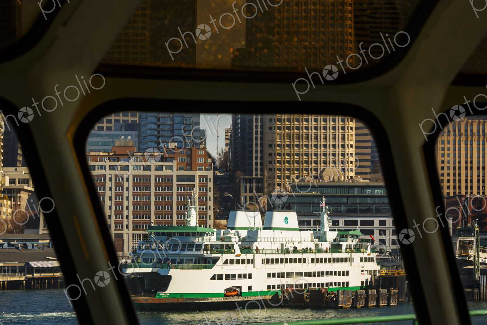 Downtown Seattle views from a Puget Sound ferry window, Seattle, WA USA