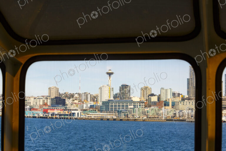 Downtown Seattle views from a Puget Sound ferry window, Seattle, WA USA