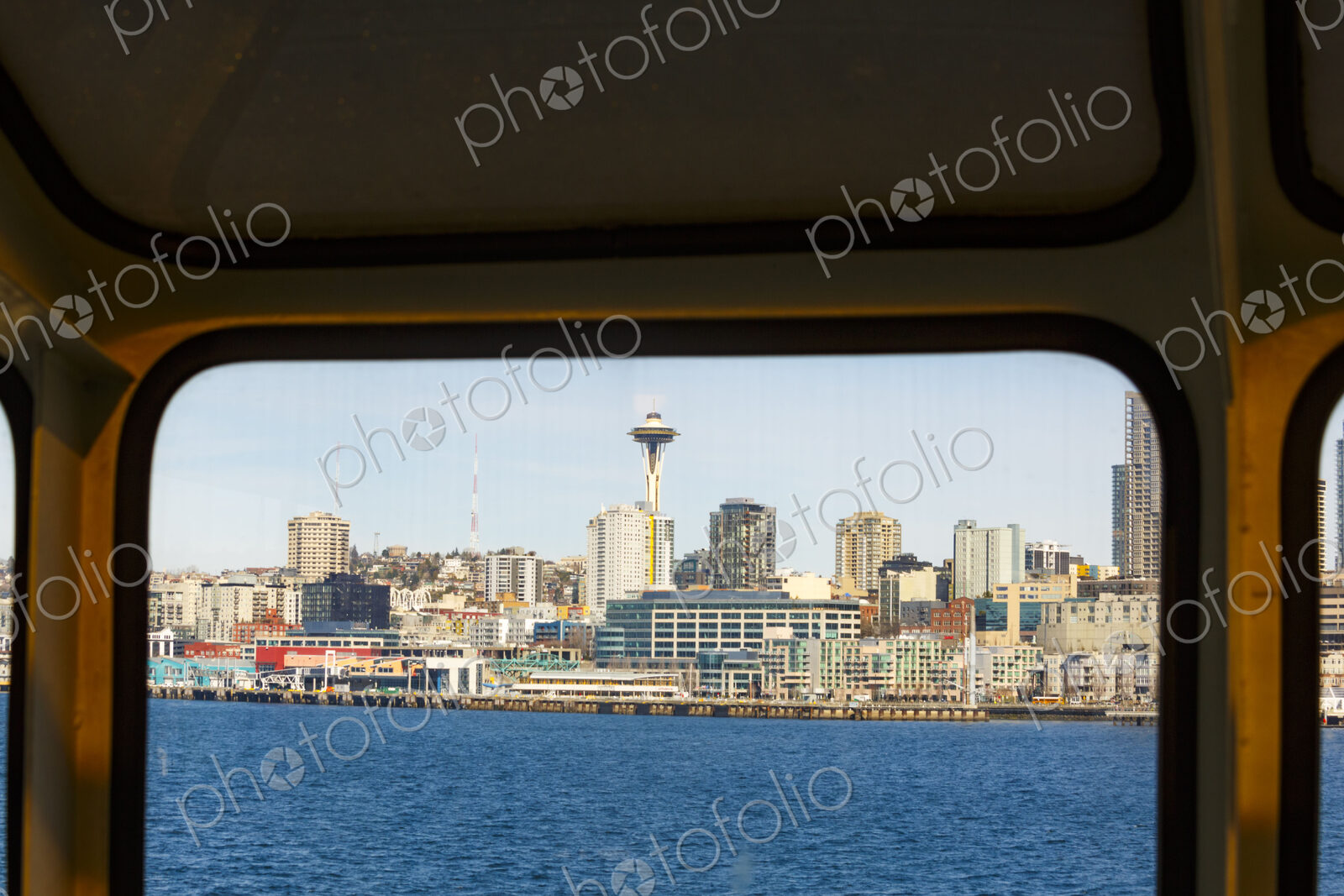 Downtown Seattle views from a Puget Sound ferry window, Seattle, WA USA