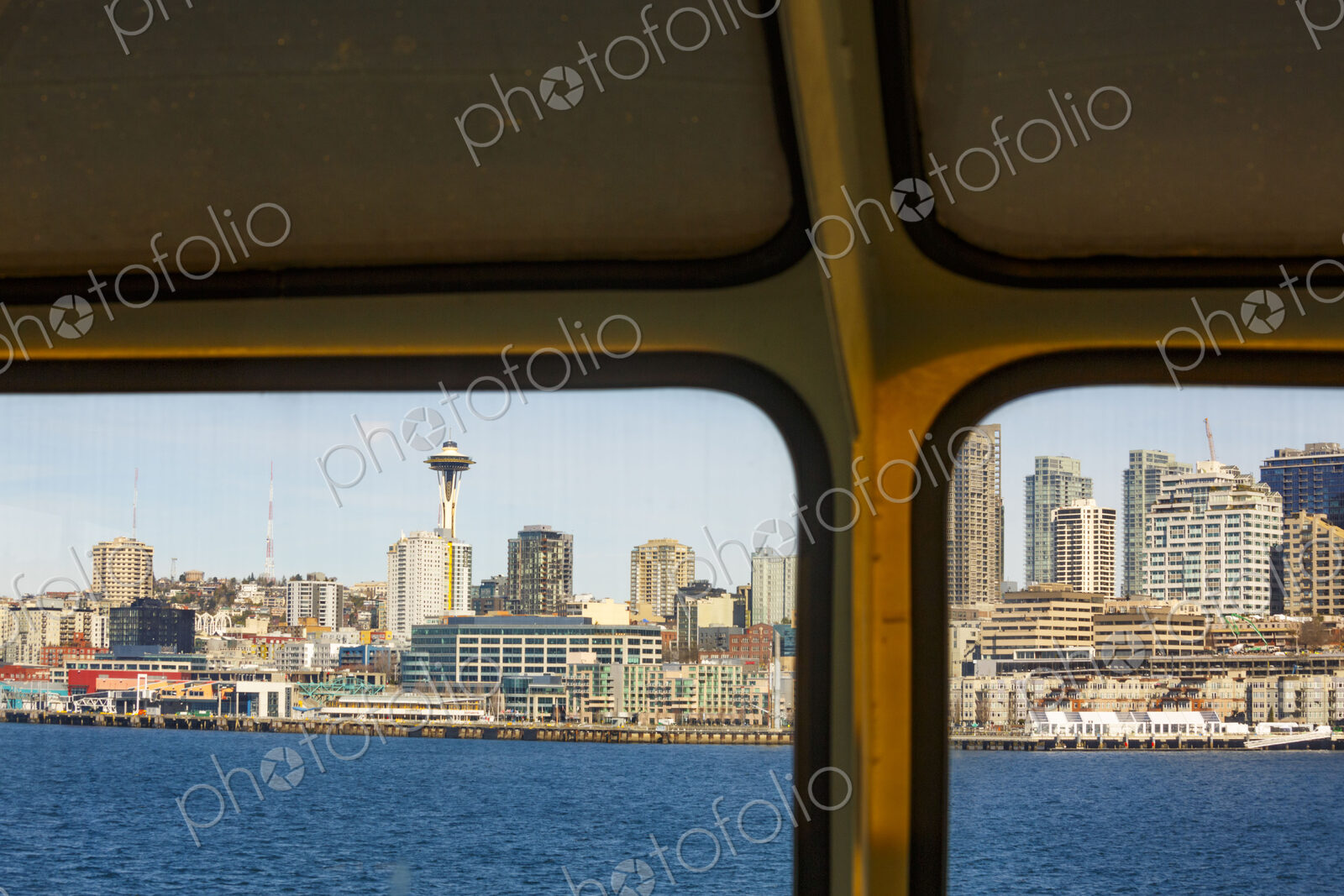 Downtown Seattle views from a Puget Sound ferry window, Seattle, WA USA