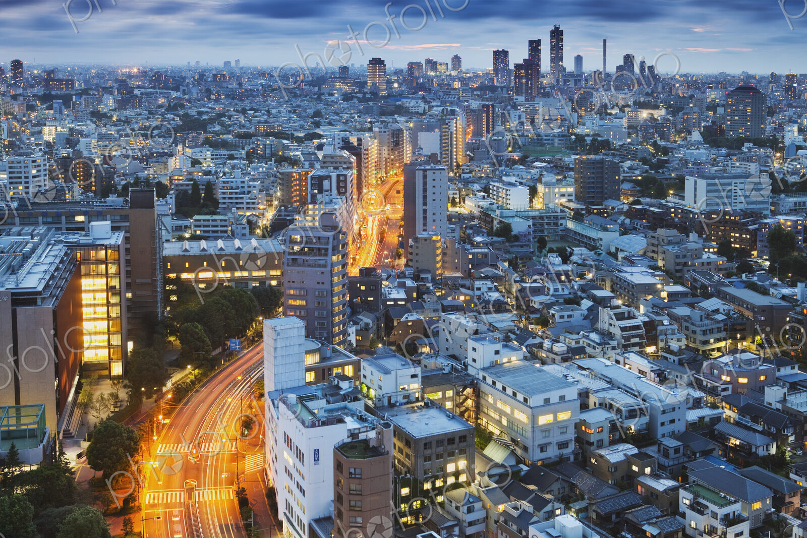 Downtown Tokyo skyline at dusk.