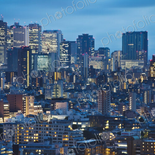 Downtown Tokyo skyline at dusk.