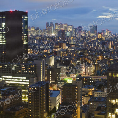 Downtown Tokyo skyline at dusk.