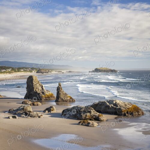 Dramatic sea stacks rise from the sandy shoreline of Bandon Beach, Oregon, with waves… Dramatic sea stacks rise from the sandy shoreline of Bandon Beach, Oregon, with waves…