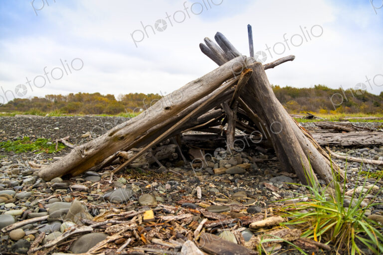 Driftwood shack on the beach, the Olympic Peninsula.