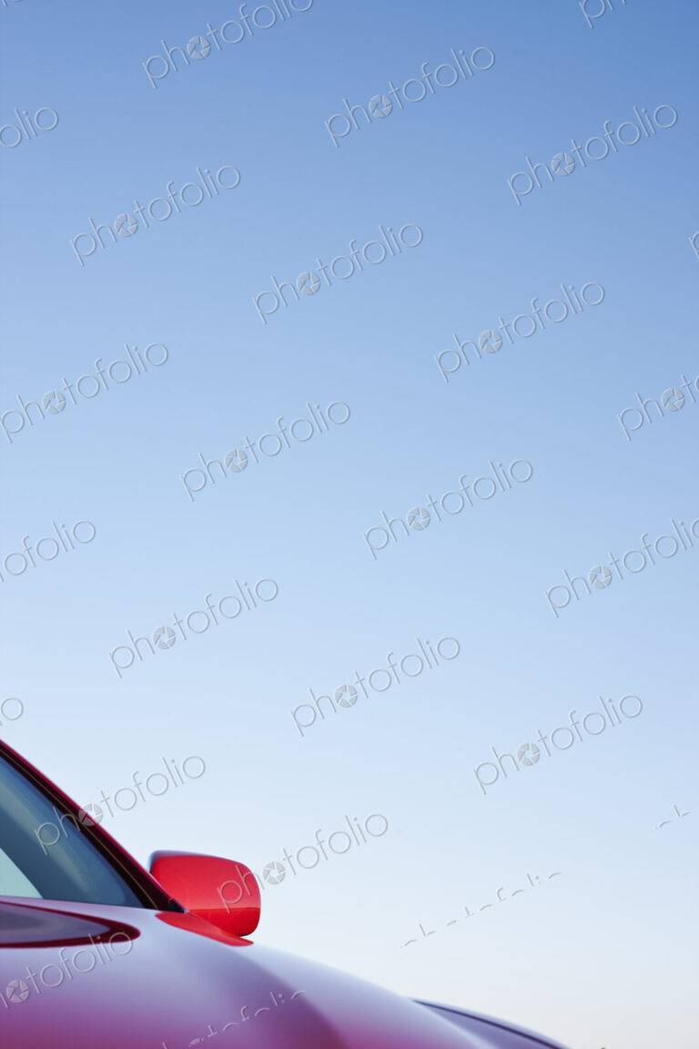 Driver Side Mirror and Hood of Red Car