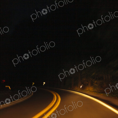 Driver's view of a highway road bend at night with limited visibility