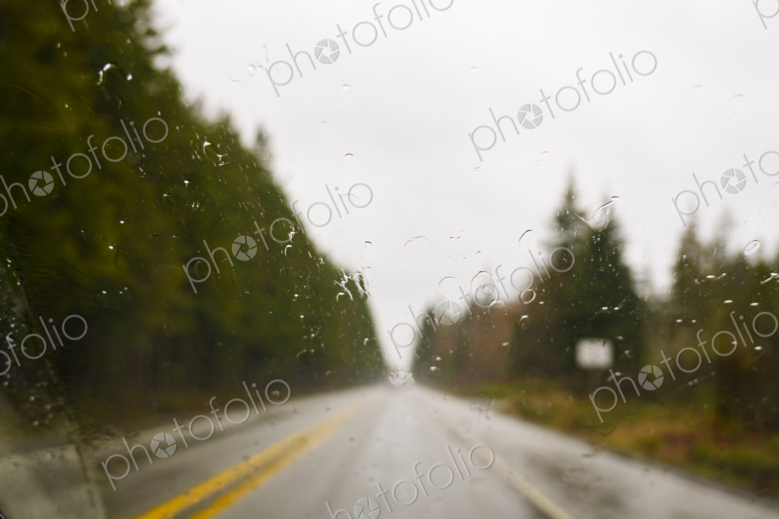 Driver’s view through windshield of wet highway in rural area, WA, USA