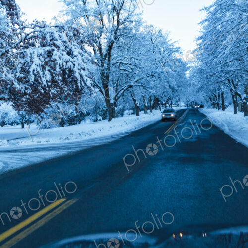 Driver's windshield view of driving on a residential road in winter, Spokane, WA USA Driver's windshield view of driving on a residential road in winter, Spokane, WA USA