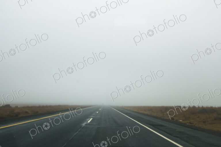 Driving on foggy Interstate 90 in Lincoln County, Washington.
