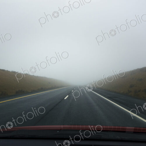 Driving on foggy Interstate 90 in Lincoln County, Washington.
