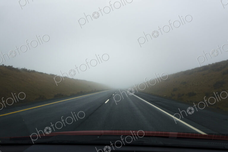 Driving on foggy Interstate 90 in Lincoln County, Washington.