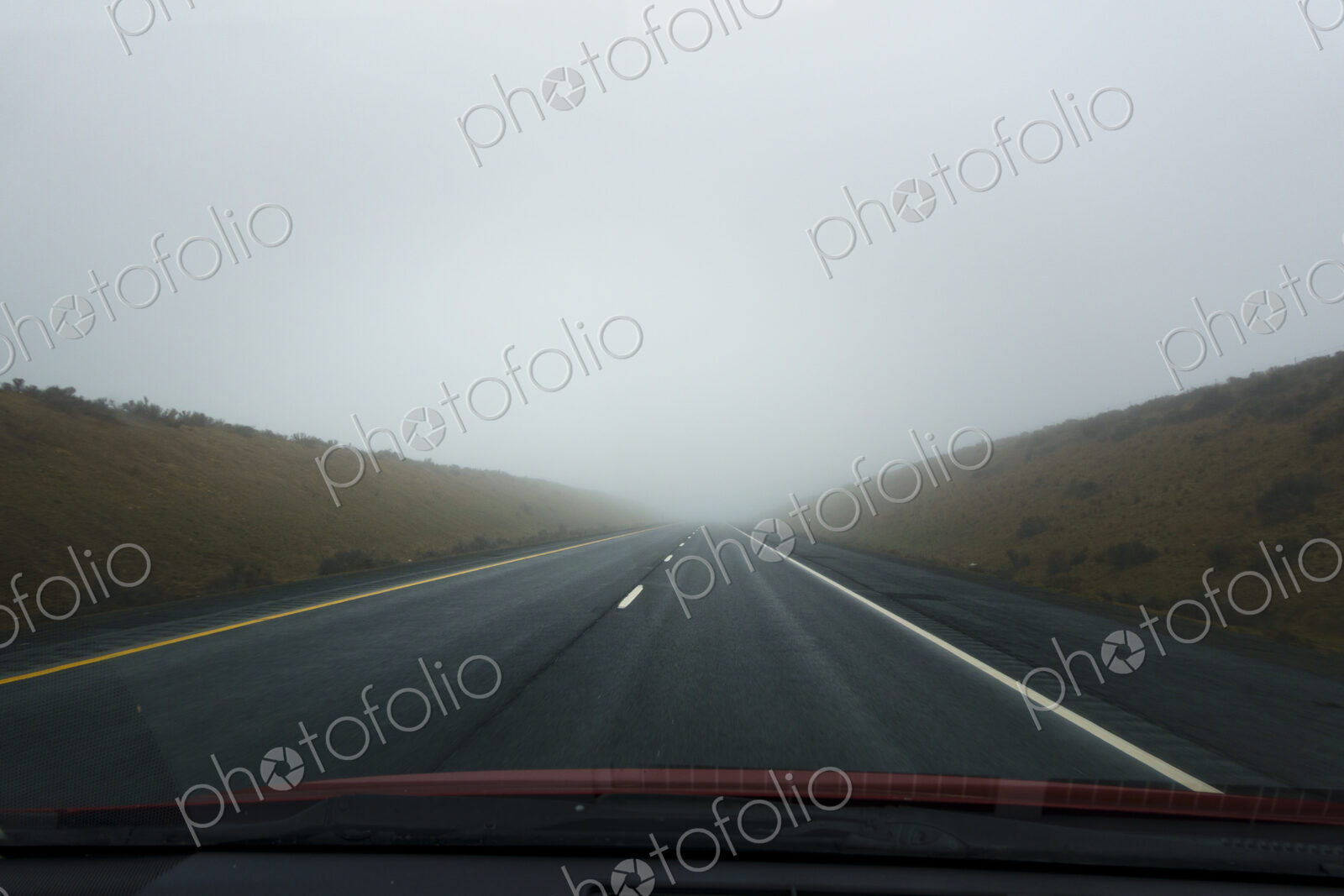 Driving on foggy Interstate 90 in Lincoln County, Washington.