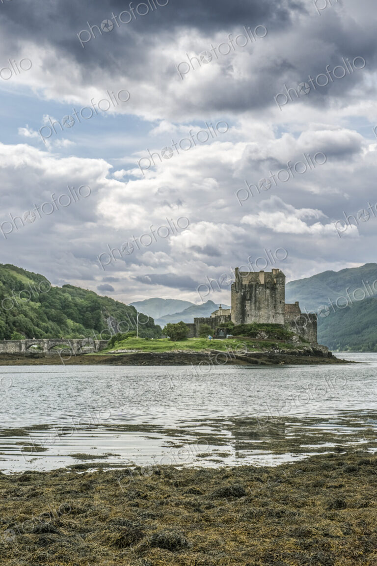 Eilean Donan, a remote Scottish castle on a tidal island, with bridge.