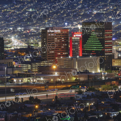 Elevated view of the city of El Paso at night, blurred long exposure, buildings of…