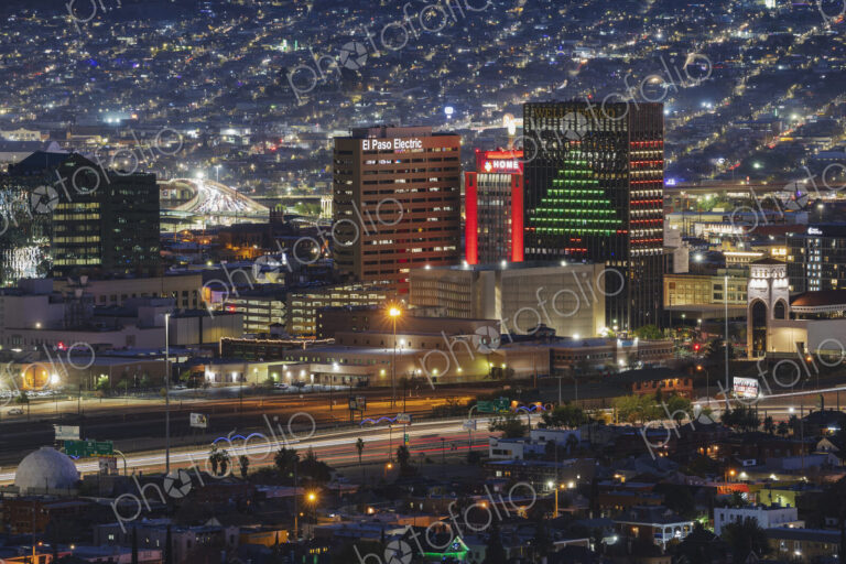 Elevated view of the city of El Paso at night, blurred long exposure, buildings of…