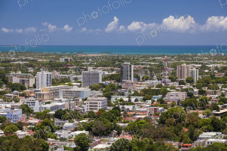 Elevated view of the urban landscape of downtown Ponce, Puerto Rico, with modern…