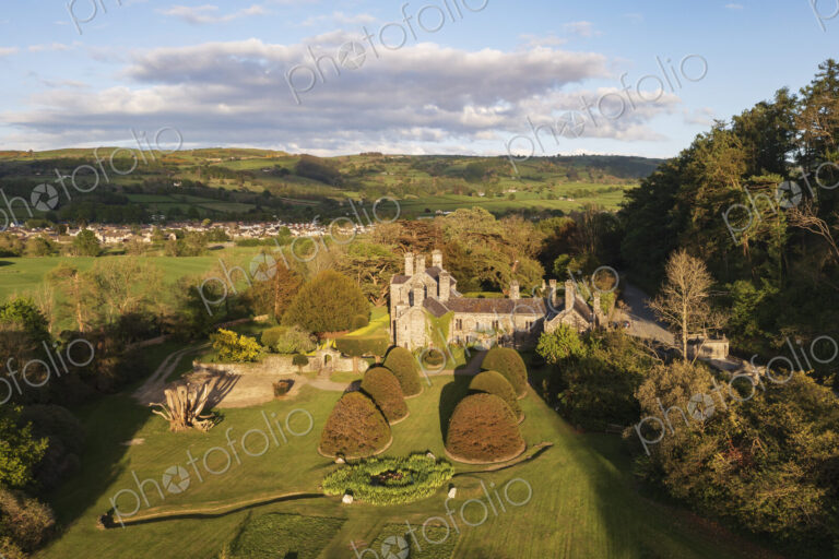 Elevated view over the historic buildings and gardens of the Tudor castle in the Conwy…