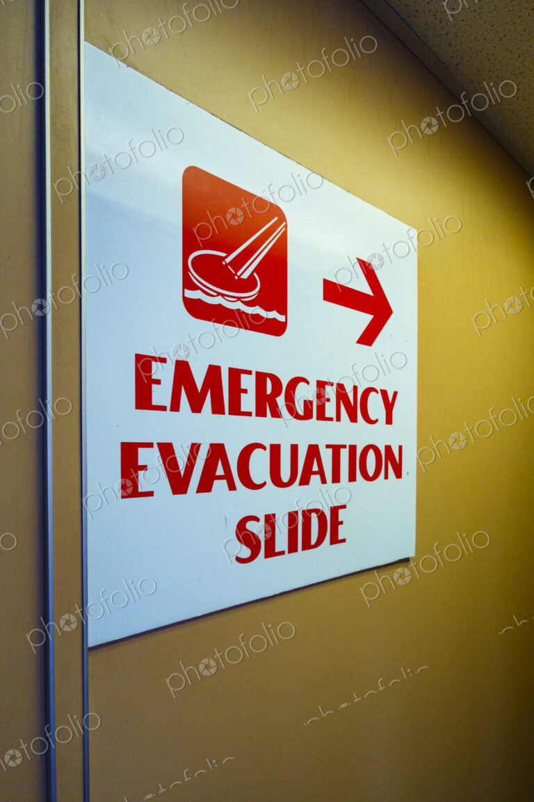 Emergency Evacuation Slide sign, Kingston to Edmonds 'Spokane' ferry on Puget Sound,…