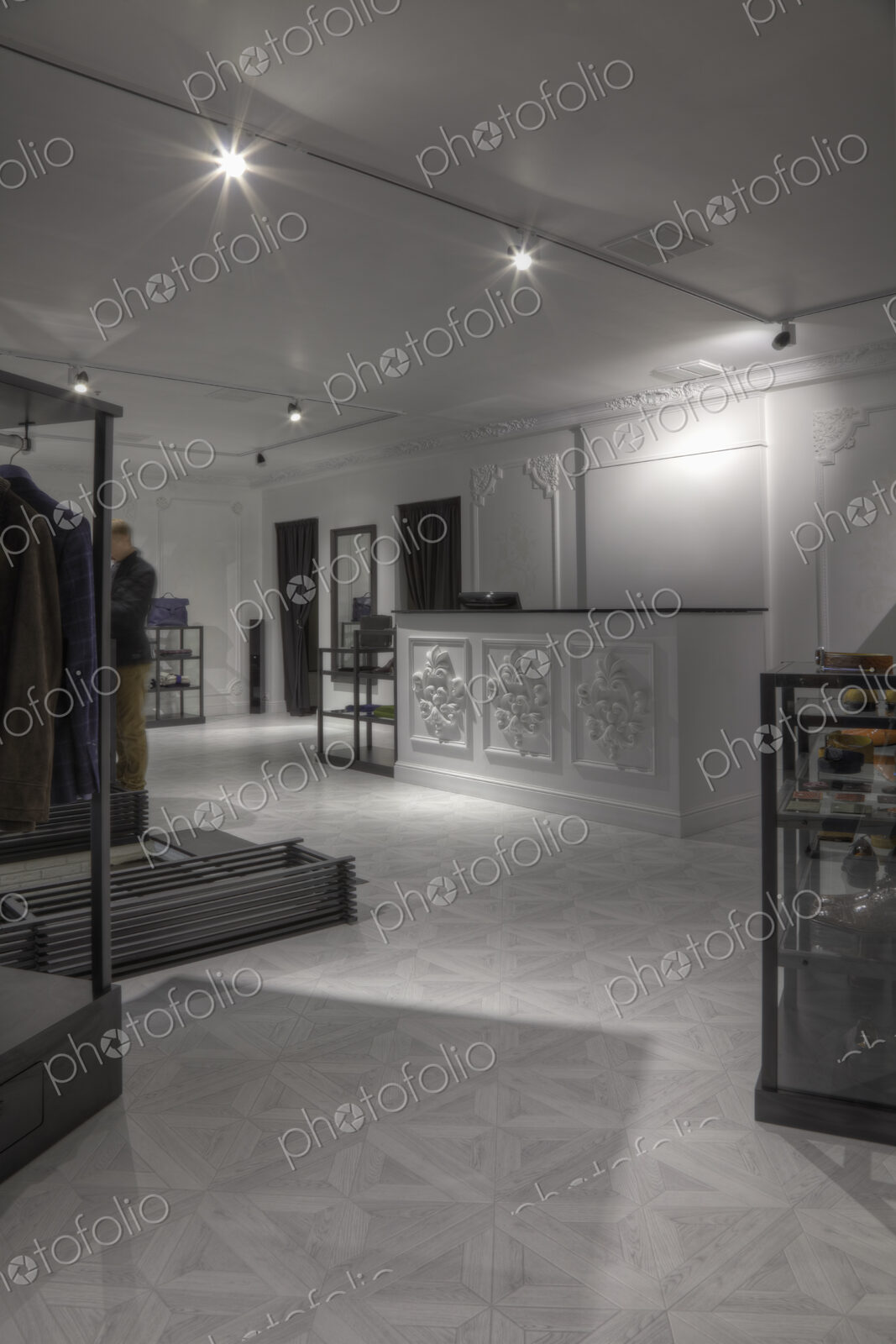 Empty counter in clothing store for men