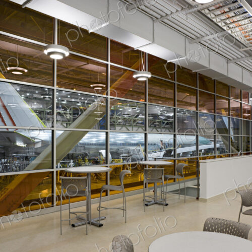 Empty lounge area of airplane hangar