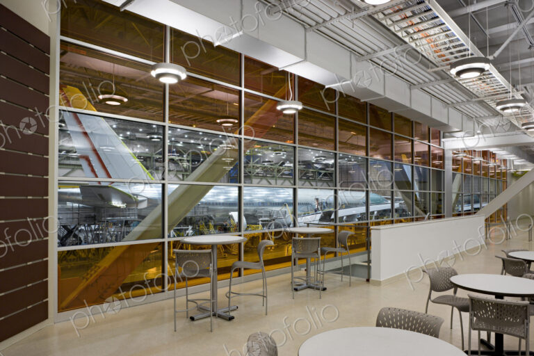 Empty lounge area of airplane hangar