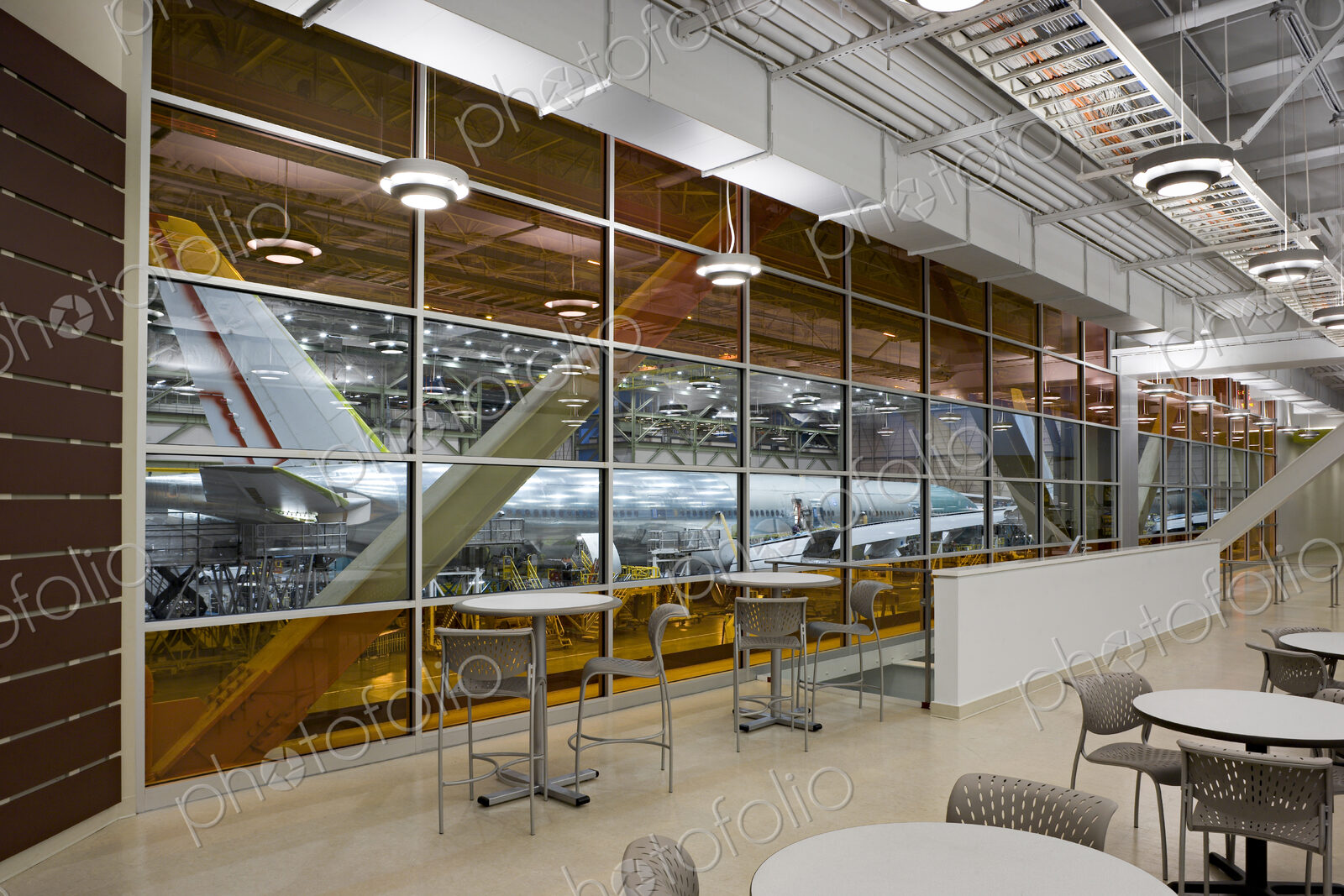 Empty lounge area of airplane hangar