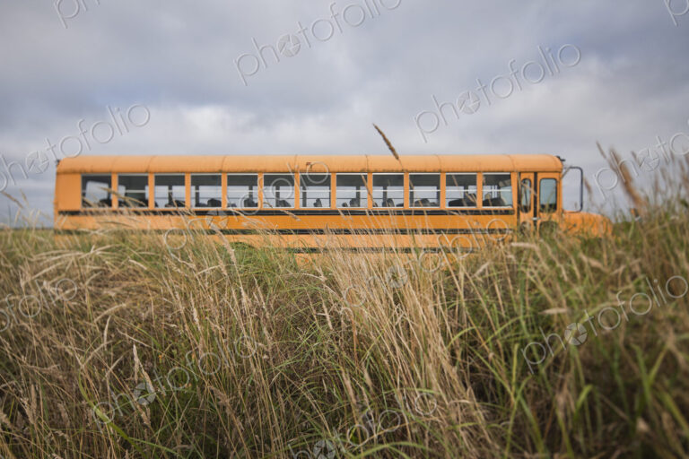 Empty school bus in grassland.