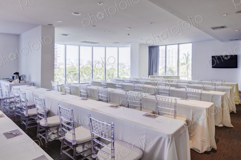 Empty tables in banquet hall