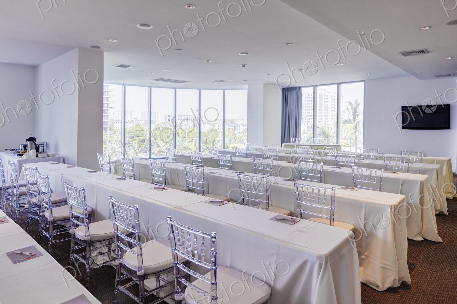 Empty tables in banquet hall