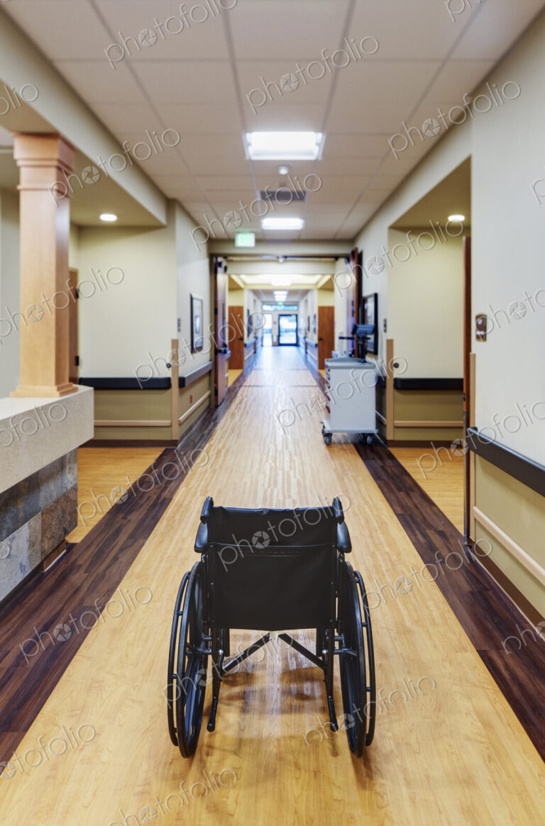 Empty wheelchair in assisted living facility