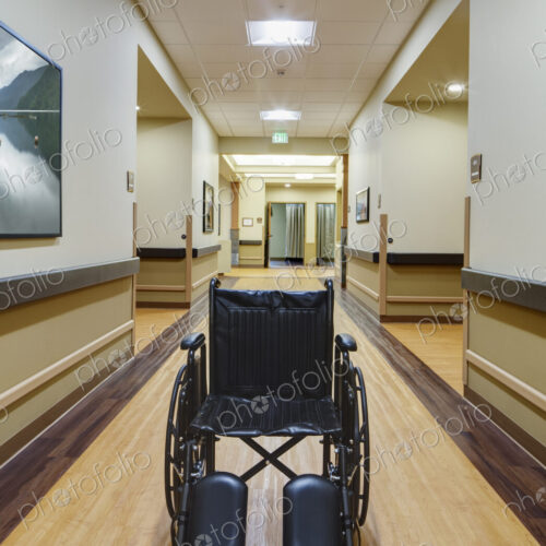 Empty wheelchair in assisted living facility