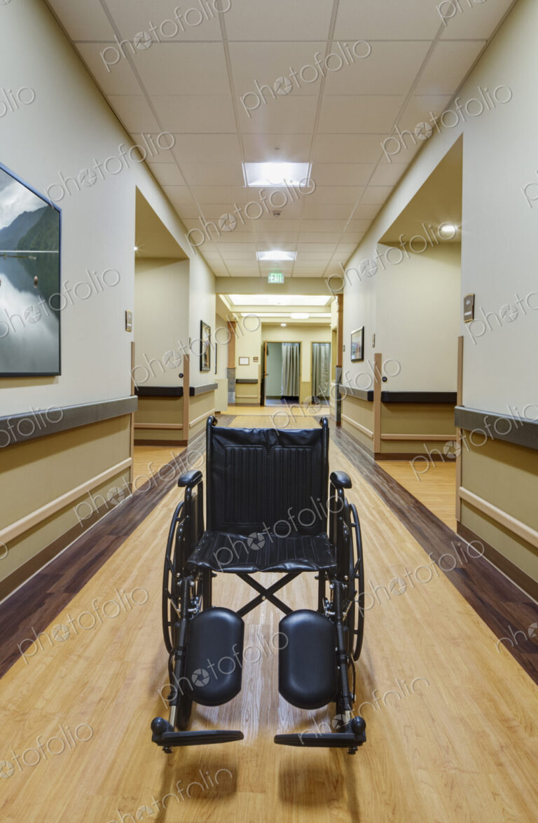 Empty wheelchair in assisted living facility