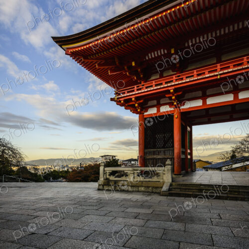 Entrance to Kiyomizu Dera under blue sky, Kyoto, Japan
