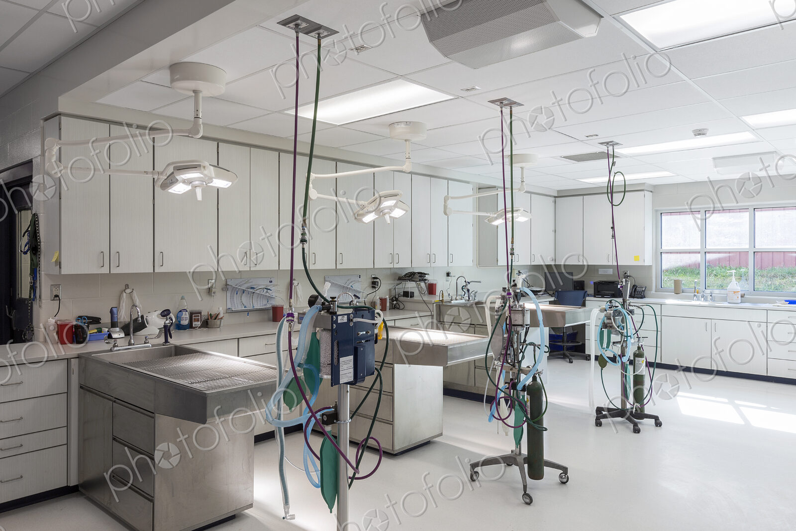 Examining tables in empty animal hospital