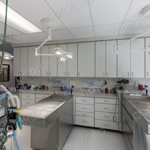 Examining tables in empty animal hospital