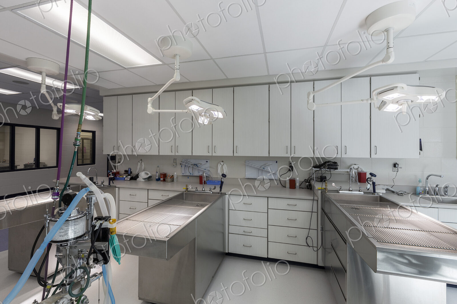 Examining tables in empty animal hospital