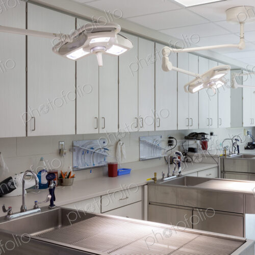 Examining tables in empty animal hospital