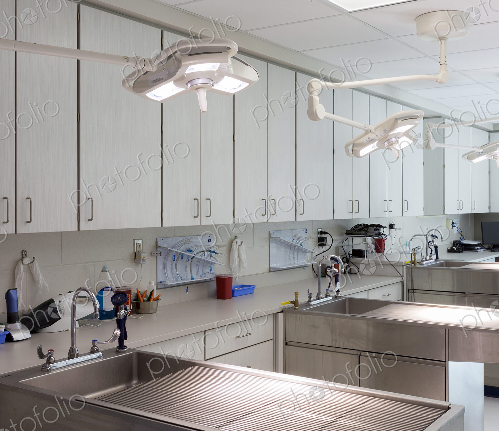 Examining tables in empty animal hospital