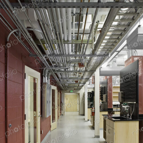 Exposed pipes in laboratory corridor Exposed pipes in laboratory corridor